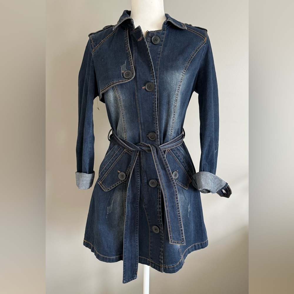 Denim Belted Women's Long Coat